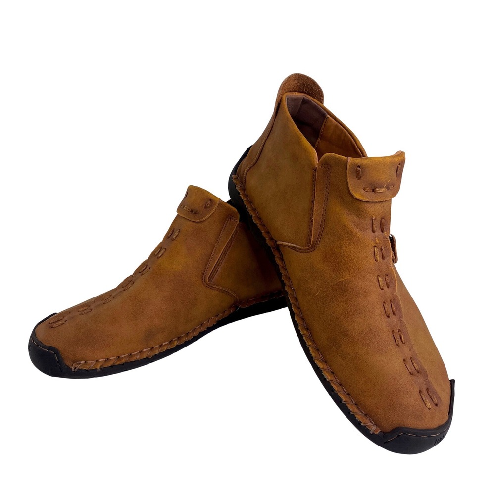 Mens Tan Leather Hand Stitched Side Zip Ankle Boot Sport Fashion Caoutchouc Sole